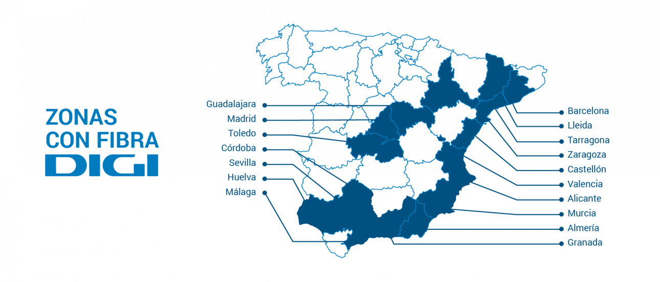 Mapa de España con las provincias en las que DIGI ofrece su servicio de fibra óptica señaladas. Estas son: Guadalajara, Madrid, Toledo, Córdoba, Sevilla, Huelva, Málaga, Barcelona, Lleida, Tarragona, Zaragoza, Castellón, Valencia, Alicante, Murcia, Almería y Granada.